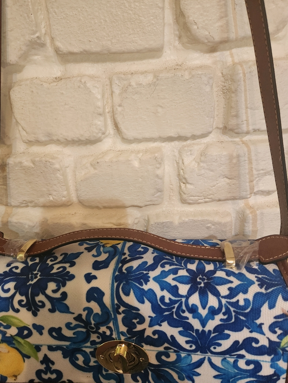Santorini Style Blue Tile & Lemons Print Crossbody Bag W/Brown Faux Leather Trim - Picture 6 of 10